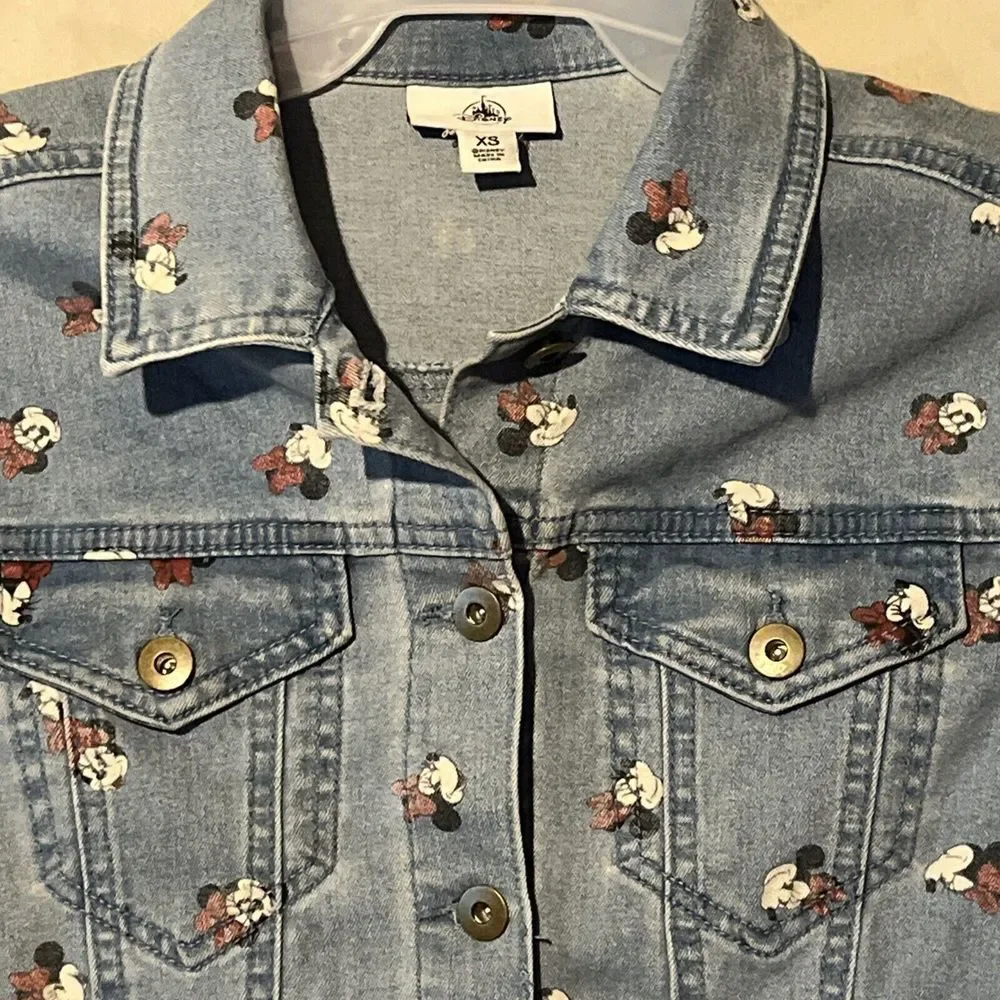 Disney‎ Adult Minnie Mouse All Over Face Print Denim Jean Jacket Women's XSmall